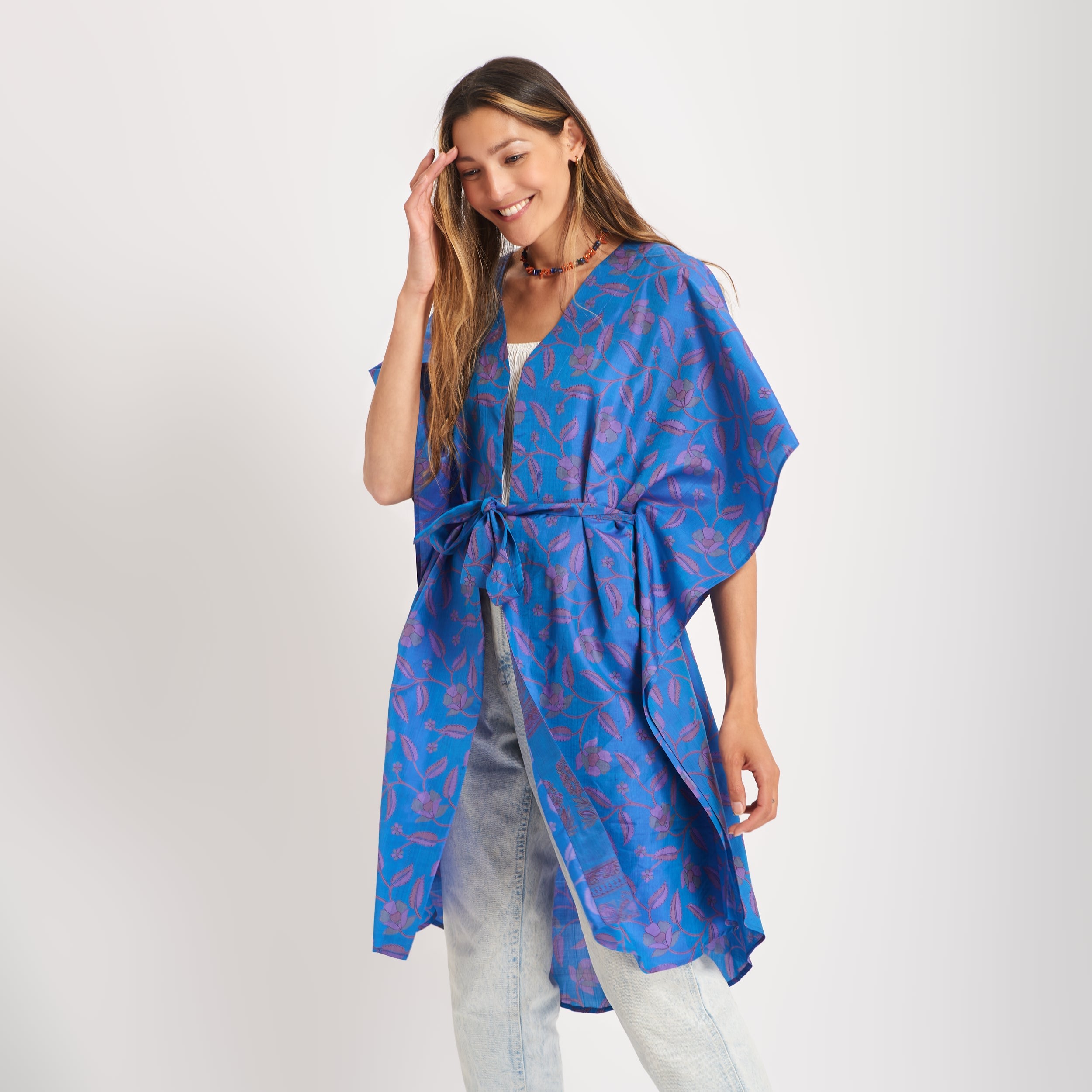 Neem - Vintage Silk Sari Indigo Blue Floral Print Kimono Style Wrap Dress