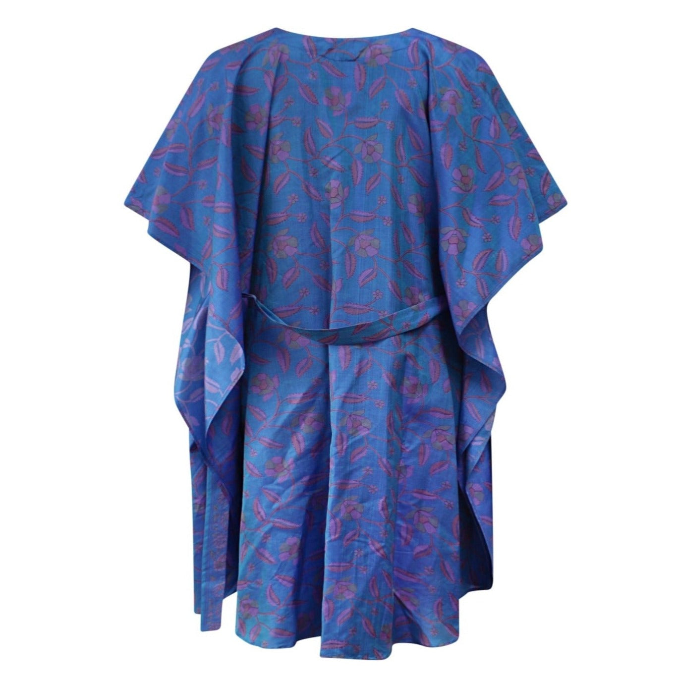 Neem - Vintage Silk Sari Indigo Blue Floral Print Kimono Style Wrap Dress back flat shot