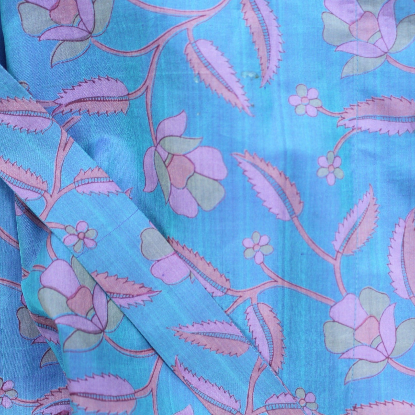 Neem - Vintage Silk Sari Indigo Blue Floral Print Kimono Style Wrap Dress close up