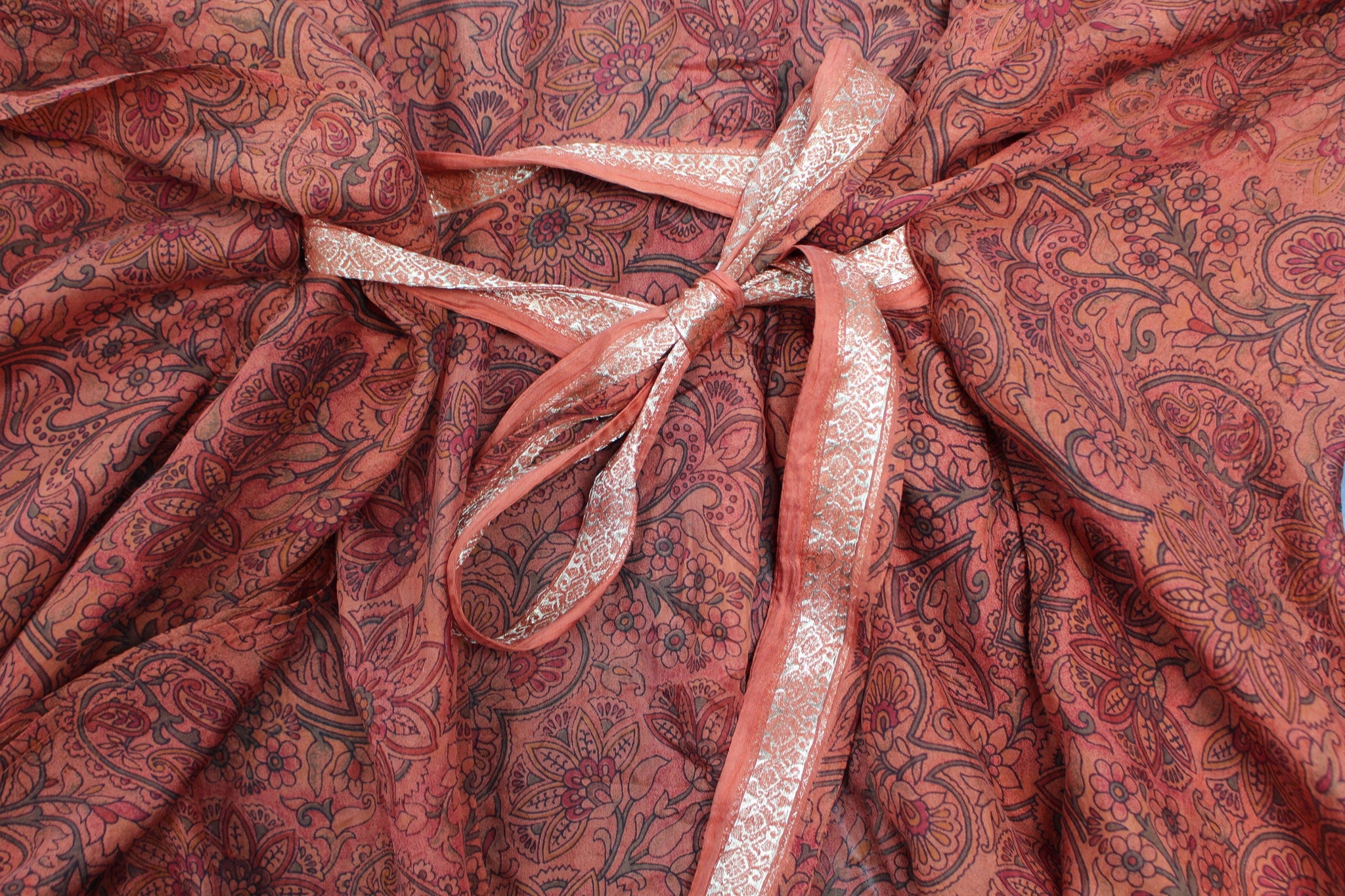 Neem - Vintage Silk Sari Ochre Paisley Print Kimono Style Wrap Dress close up