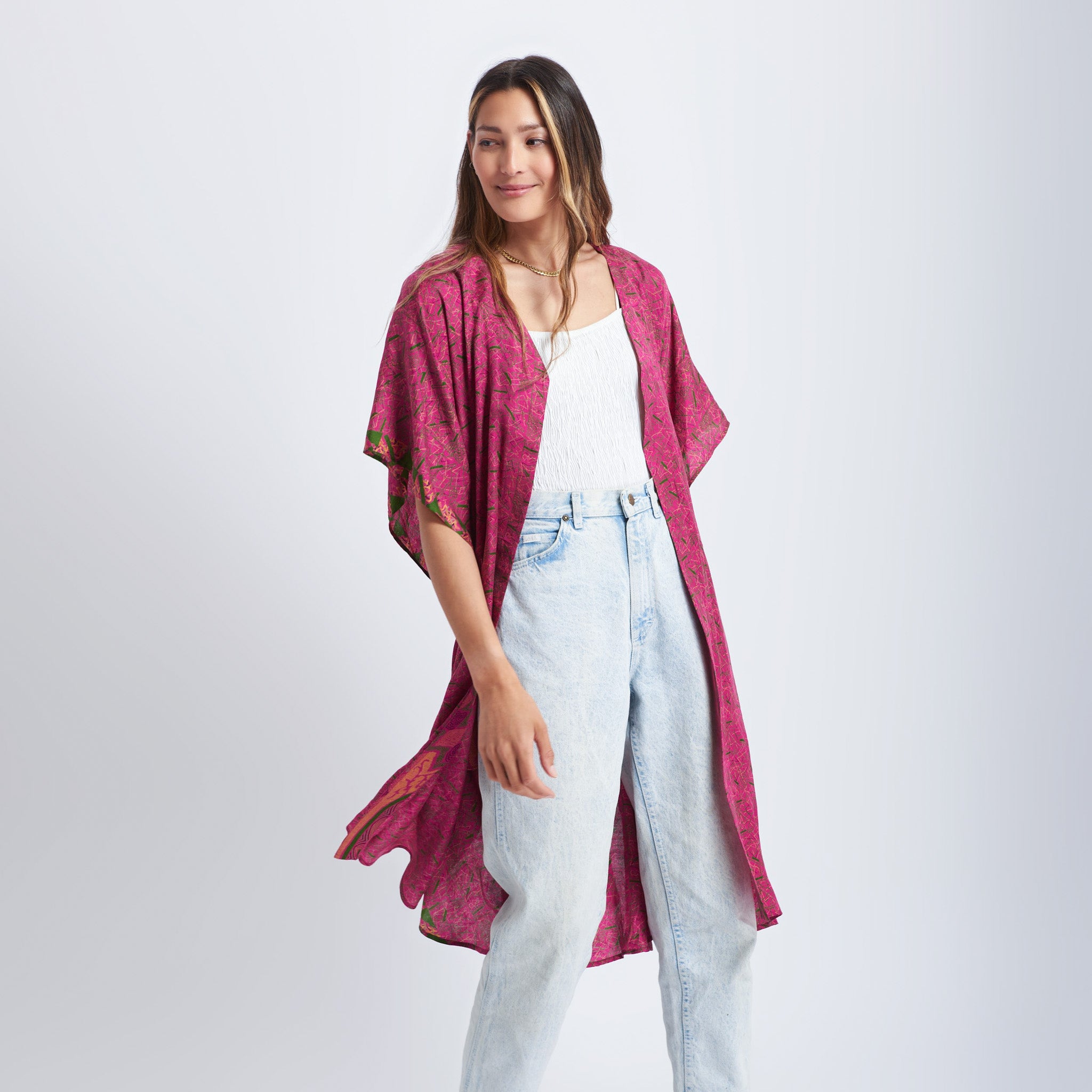 Neem - Vintage Silk Sari Pink Peppercorn Geo Print Kimono Style Wrap Dress