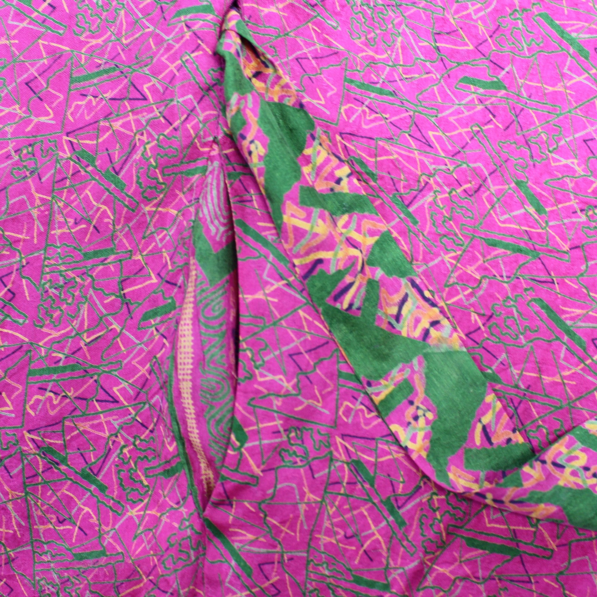 Neem - Vintage Silk Sari Pink Peppercorn Geo Print Kimono Style Wrap Dress close up