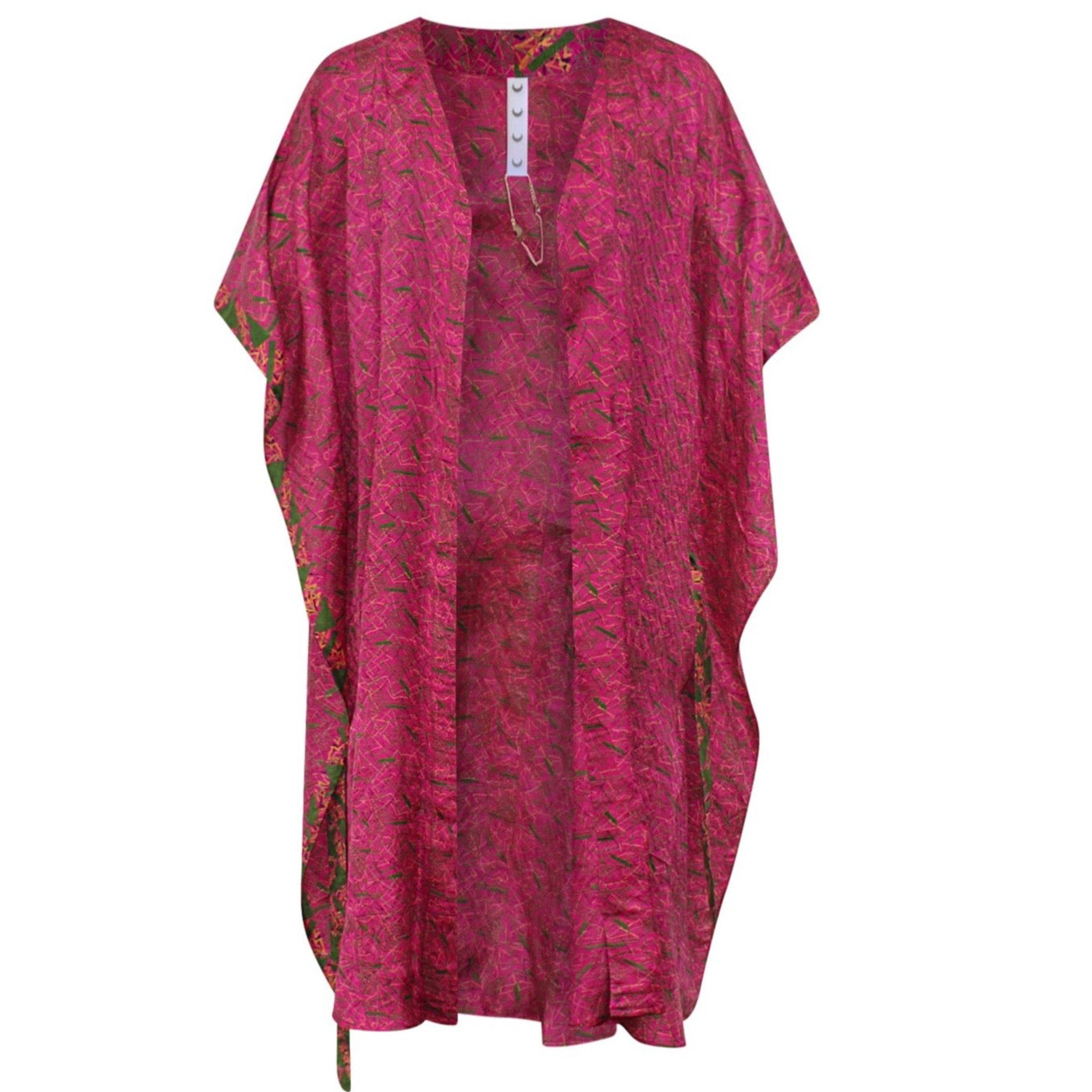 Neem - Vintage Silk Sari Pink Peppercorn Geo Print Kimono Style Wrap Dress flat shot front