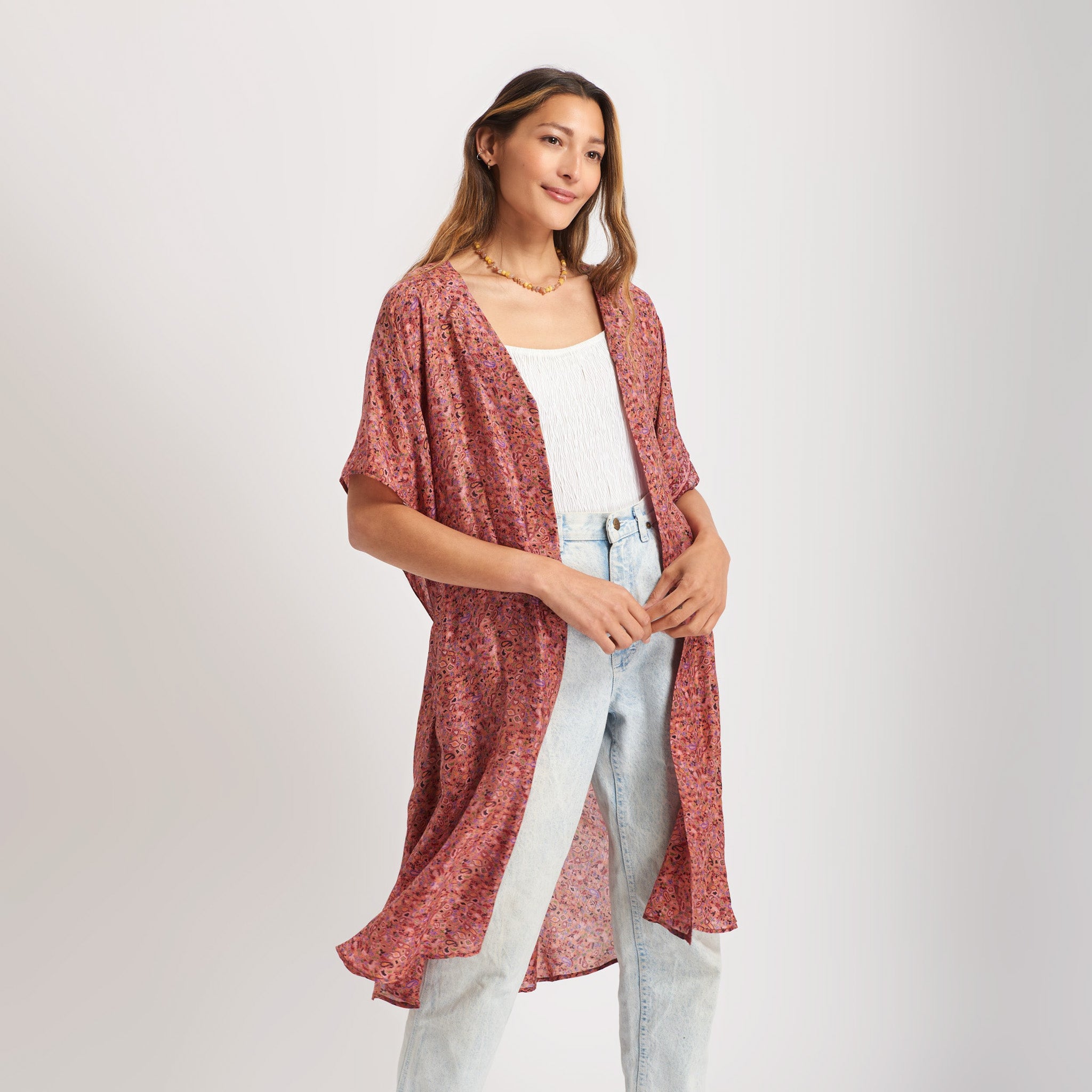Neem - Vintage Silk Sari Saffron Paisley Print Kimono Style Wrap Dress