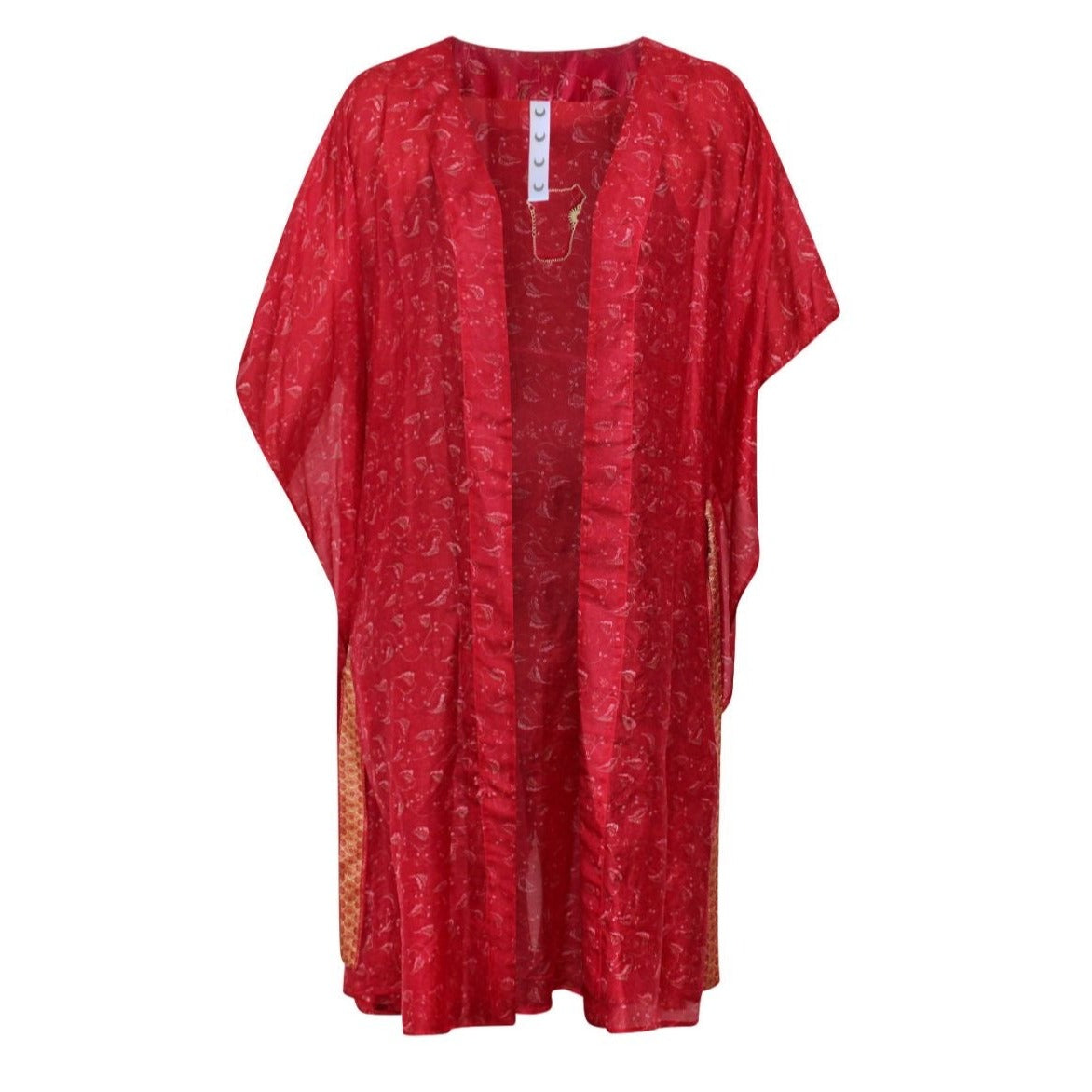 Neem - Vintage Silk Sari Ruby Red Printed Kimono Style Wrap Dress flat shot