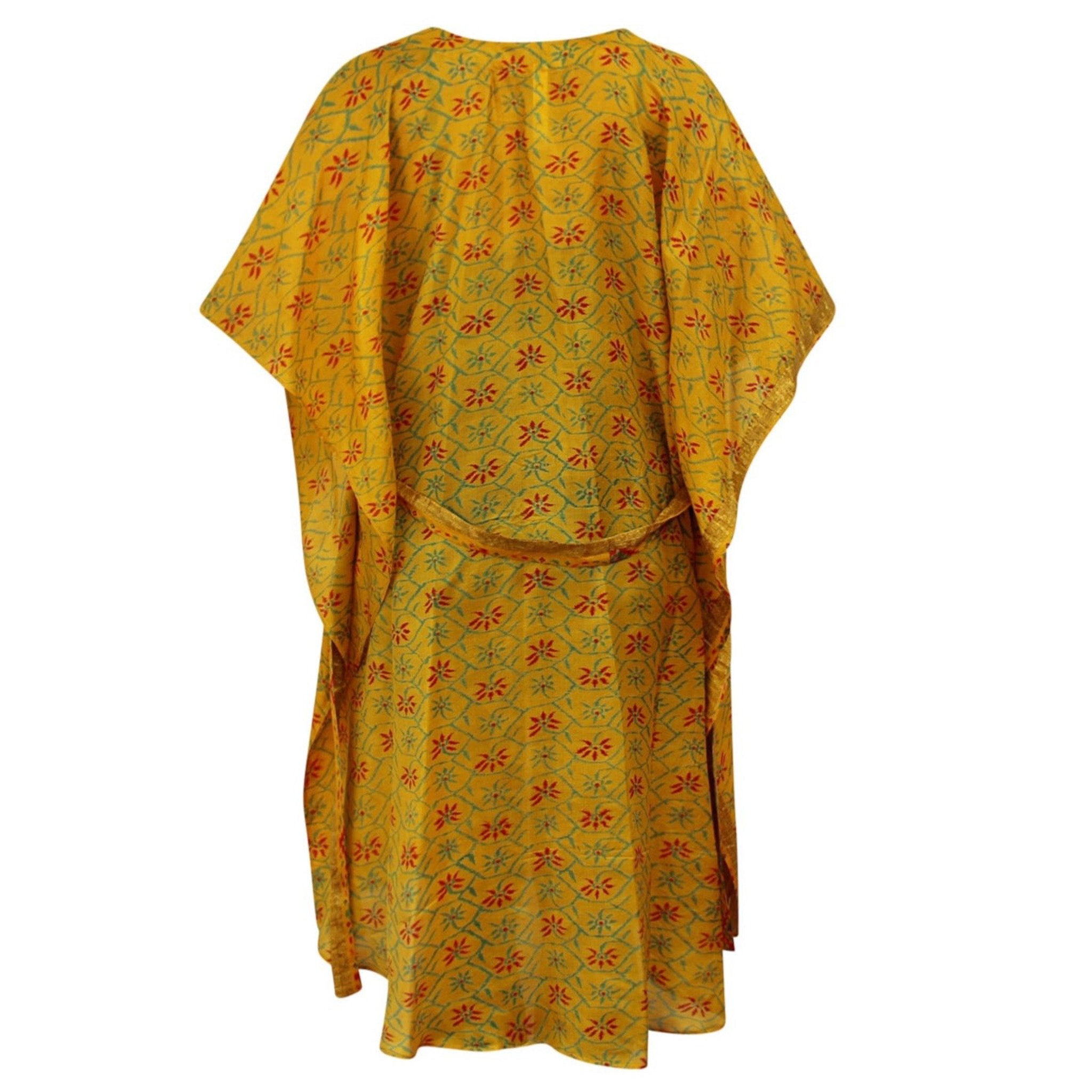 Neem - Vintage Silk Sari Tumeric Geo Print Kimono Style Wrap Dress flat shot back