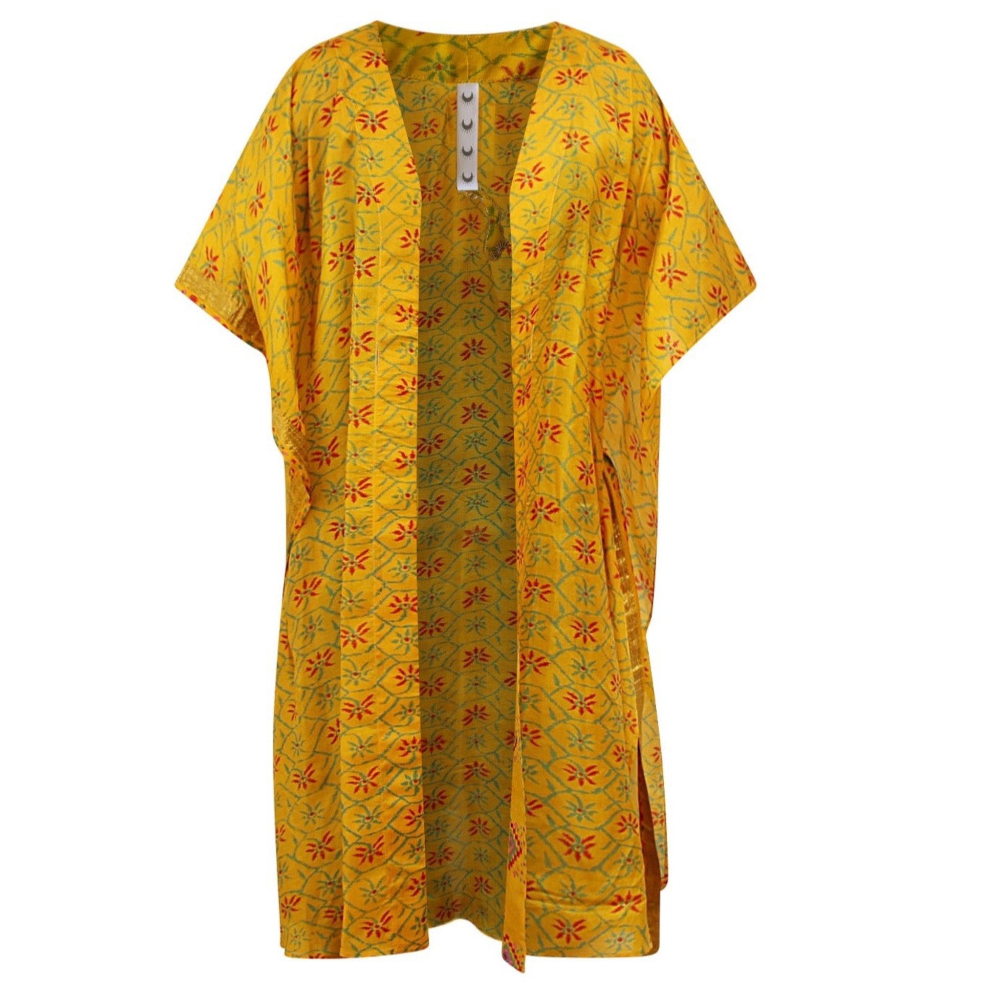 Neem - Vintage Silk Sari Tumeric Geo Print Kimono Style Wrap Dress flat shot front