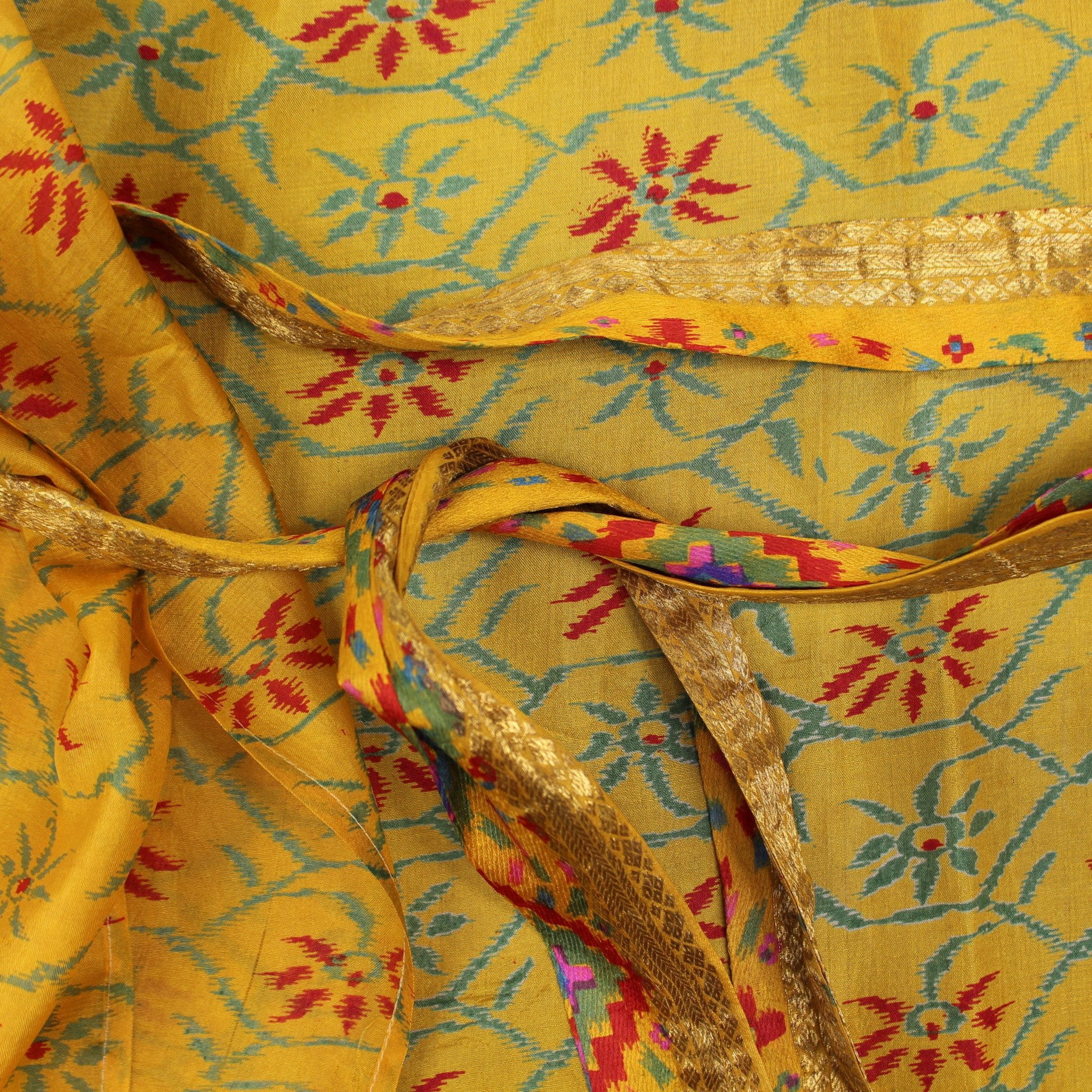Neem - Vintage Silk Sari Tumeric Geo Print Kimono Style Wrap Dress close up